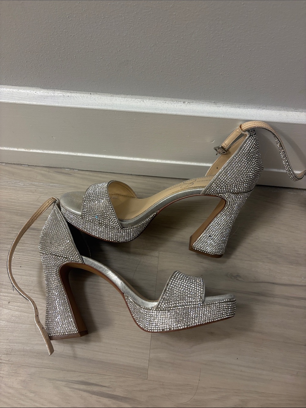 Silver Rhinestone Platform Block Heels